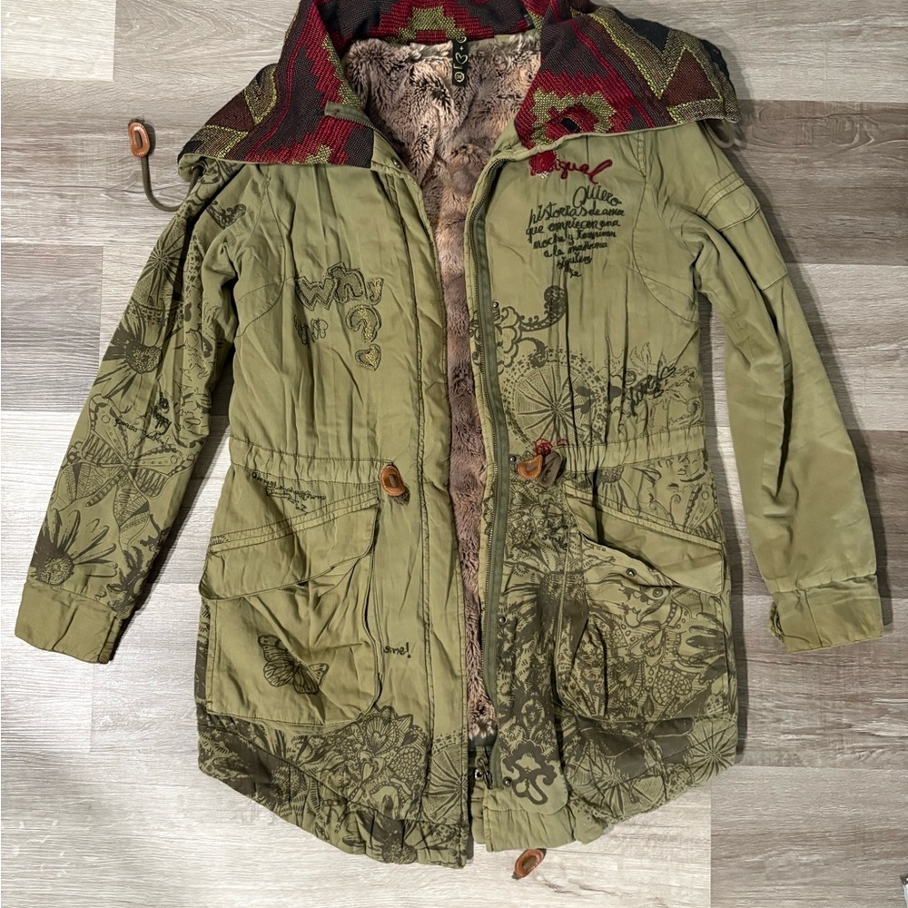 Desigual Olive Green Women's Parka Jacket with Printed Detail